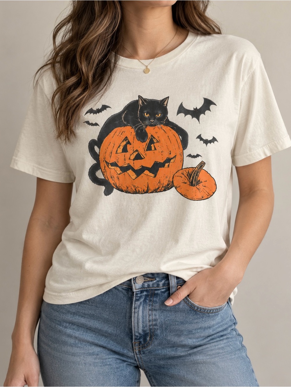 Black Cat Pumpkin Bats Spooky Season Fall Aesthetic Statement Womens Graphic Tee